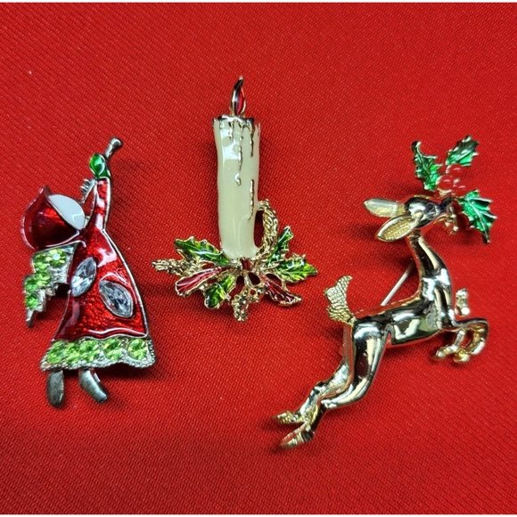 Christmas Pin Brooch Christmas Reindeer Holly Leaf Candle Angel Set of 3 - Picture 2 of 12